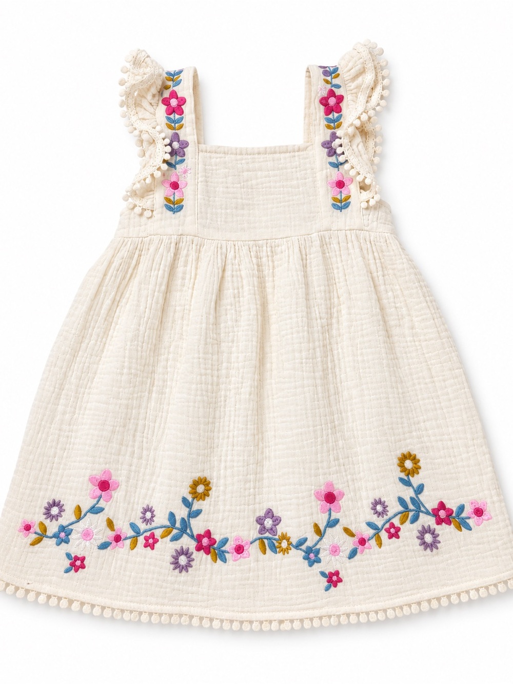 Embroidered Floral Cream Girls' Dress